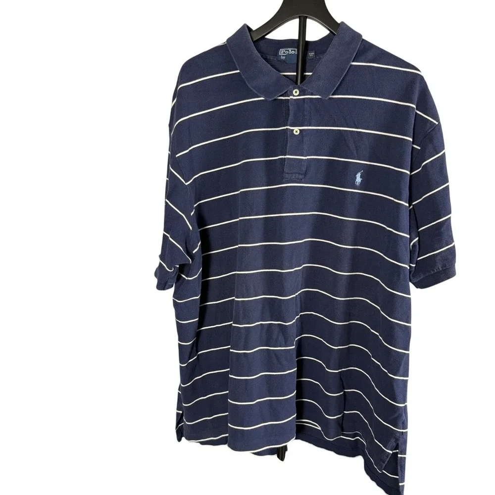 Polo Ralph Lauren Mens 4XB Navy Blue White Striped Short Sleeve Pique Polo Shirt
